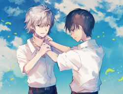 Rule 34 | 2boys, bad id, bad pixiv id, black pants, blouse, blue sky, brown eyes, brown hair, cloud, collared shirt, commentary request, falling leaves, grey hair, hajikkoneko, hands on another&#039;s arms, hands on another&#039;s neck, highres, ikari shinji, leaf, looking at another, male focus, multiple boys, nagisa kaworu, neon genesis evangelion, outdoors, pants, parted lips, red eyes, school uniform, shirt, shirt tucked in, short hair, short sleeves, sky, smile, strangling, tokyo-3 middle school uniform, very short hair, white shirt