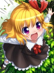 Rule 34 | 1girl, fang, highres, kezune (i- -i), leaf, mary janes, motion lines, open mouth, outstretched arms, purple eyes, rumia, shoes, solo, spread arms, touhou