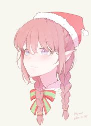 Rule 34 | 1girl, bell, blue eyes, blush, bow, braid, brown hair, closed mouth, commentary request, cropped torso, dated, fur-trimmed collar, fur trim, green bow, grey background, hair bell, hair between eyes, hair ornament, hat, hayoou02, highres, korean commentary, long hair, looking away, original, pointy ears, portrait, red bow, santa hat, signature, simple background, solo, twin braids