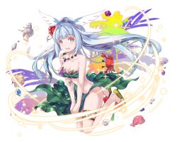 Rule 34 | 1girl, animal, animal ears, bare shoulders, barefoot, blue eyes, blue hair, crab, full body, gabuccc, green skirt, hair ornament, head wings, jewelry, kai-ri-sei million arthur, kneeling, long hair, looking at viewer, matching hair/eyes, midriff, million arthur (series), necklace, open mouth, palm tree, pendant, sandals, seashell, shell, skirt, solo, starfish, summer, thigh strap, transparent background, tree, wavy mouth, wings