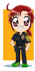 Rule 34 | 10s, 1girl, bad hands, eyelashes, grin, highres, hino akane (smile precure!), police, police badge, police uniform, precure, red eyes, red hair, schneider (sierra-77), smile, smile precure!, teeth, uniform