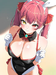 Rule 34 | 1girl, absurdres, alternate costume, animal ears, ascot, blush, breasts, cleavage, closed mouth, covered navel, detached collar, fake animal ears, from above, gloves, hairband, heterochromia, highres, hololive, houshou marine, isakoro (hx9cj), large breasts, lens flare, leotard, long hair, playboy bunny, rabbit ears, red ascot, red eyes, red hair, solo, twintails, virtual youtuber, white gloves, white hairband, yellow eyes