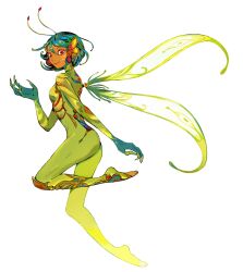 Rule 34 | 1girl, antennae, aqua hair, arm up, arthropod girl, birdfrogdraws, bodysuit, butterfly wings, claws, dark skin, earrings, eyelashes, full body, green bodysuit, headgear, highres, insect wings, jewelry, looking at viewer, looking back, multicolored clothes, original, red eyes, short hair, simple background, smile, white background, wings