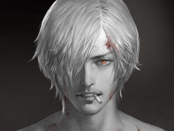 Rule 34 | 1boy, black background, blood, blood on face, cigarette, eyelashes, facial hair, hair over one eye, injury, kdash, light particles, looking at viewer, male focus, monochrome, mouth hold, one eye covered, one piece, orange eyes, portrait, realistic, sanji (one piece), scratches, solo, spot color, stubble, teeth hold