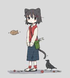 Rule 34 | 156m, 1girl, animal, animal ears, ankle socks, autumn leaves, bag, bird, black bird, black hair, black tail, blue skirt, blush, blush stickers, bright pupils, brown eyes, cat ears, cat girl, cat tail, cigarette, closed mouth, collared shirt, dated commentary, dot nose, expressionless, food, full body, green bag, grey background, hair between eyes, hair ornament, hairclip, highres, leaf, long skirt, long sleeves, looking at viewer, looking to the side, maple leaf, motion lines, original, outdoors, pleated skirt, red socks, red sweater vest, shirt, shoes, short hair, shoulder bag, simple background, skirt, sleeves past wrists, sneakers, socks, solo, standing, sweater vest, tail, taiyaki, v arms, wagashi, white footwear, white pupils, white shirt, wing collar