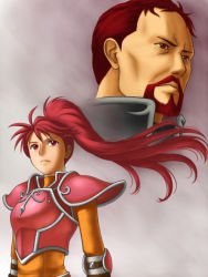 Rule 34 | 1boy, 1girl, age difference, armor, beard, facial hair, father and daughter, fire emblem, fire emblem: path of radiance, fire emblem: radiant dawn, jill (fire emblem), long hair, masajin, mustache, nintendo, ponytail, red eyes, red hair, shiharam, wyvern rider