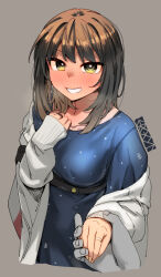 Rule 34 | 1girl, 1other, artist logo, blue dress, breasts, brown hair, commentary request, dress, ergot, fubuki (kancolle), fubuki (spring mode) (kancolle), green eyes, grey background, grin, hair down, holding hands, jacket, jewelry, kantai collection, looking at viewer, medium breasts, official alternate costume, polka dot, polka dot dress, ring, simple background, smile, wedding ring, white jacket