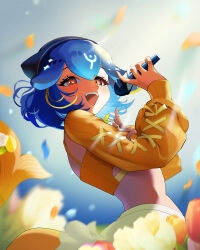 Rule 34 | 1girl, absurdres, bao (vtuber), bao (vtuber) (5th costume), beret, black hat, blonde hair, blue hair, blurry, blurry background, cetacean tail, crop top, falling petals, fins, fish tail, flower, hat, highres, holding, holding microphone, indie virtual youtuber, microphone, multicolored hair, open mouth, orange eyes, orange flower, orange sweater, orange tulip, petals, red flower, red tulip, ribbon, short hair, skirt, solo, streaked hair, sweater, tail, tulip, virtual youtuber, whale girl, yellow ribbon, yellow skirt, yuarima2