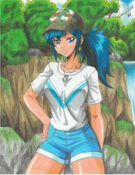 Rule 34 | 1girl, 2021, absurdres, artist name, blue hair, cliff, cowboy shot, day, denim, denim shorts, earrings, female focus, forest, grass, hand on own hip, hat, high ponytail, highres, jewelry, leona heidern, nature, outdoors, pendant, ravernclouk design, rock, shirt, shorts, snk, solo, standing, the king of fighters, thick thighs, thighs, traditional media, triangle earrings, water, waterfall, white shirt