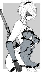 Rule 34 | 1girl, 2b (nier:automata), absurdres, bandage on neck, bandages, bandaid, bandaid on leg, bare shoulders, blindfold, breasts, closed mouth, commentary request, cosplay, frills, gloves, grey background, greyscale, hair ornament, hairband, highres, kaine (nier), kaine (nier) (cosplay), lingerie, lips, medium breasts, mole, mole under mouth, monochrome, negligee, nier, nier:automata, nier (series), nishiii26miii, short hair, simple background, sleeveless, thighhighs, thighs, underwear, weapon