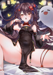 Rule 34 | 1girl, :o, absurdres, armpits, bare shoulders, black dress, blush, boo tao (genshin impact), breasts, brown hair, covered navel, crotch, detached sleeves, dress, flower, flower-shaped pupils, genshin impact, ghost, groin, hair flower, hair ornament, highres, hu tao (genshin impact), jewelry, long hair, looking at viewer, no panties, open mouth, pelvic curtain, plum blossoms, red eyes, red flower, revision, ring, sitting, skindentation, small breasts, spread legs, symbol-shaped pupils, thigh strap, thighs, twintails, very long hair, yukineko1018