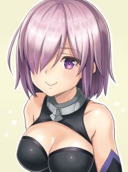 1girl, arms at sides, bare shoulders, blush, breasts, cleavage, cleavage cutout, closed mouth, clothing cutout, collarbone, fate/grand order, fate (series), female focus, green background, hair over one eye, highres, large breasts, light purple hair, looking at viewer, mash kyrielight, neck, purple eyes, shinno, shiny, shiny clothes, short hair, simple background, sleeveless, smile, solo, type-moon, upper body, white background