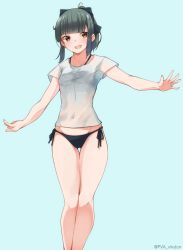 Rule 34 | 1girl, absurdres, bikini, black bikini, blue background, bow, breasts, brown eyes, collarbone, cowboy shot, grey hair, hair bow, halterneck, halterneck, highres, kantai collection, no pants, outstretched arms, ponytail, see-through, shirt, side-tie bikini bottom, simple background, small breasts, smile, solo, standing, swimsuit, uut, white shirt, yuubari (kancolle)