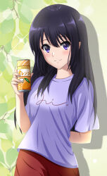Rule 34 | 1girl, absurdres, arm behind back, black hair, breasts, can, closed mouth, hibike! euphonium, highres, holding, holding can, juice, kousaka reina, long hair, looking at viewer, medium breasts, orange juice, pants, purple eyes, purple shirt, red pants, rozario 0112, shirt, smile, solo, sparkle, t-shirt, upper body