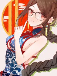 Rule 34 | 1girl, bare shoulders, black-framed eyewear, braid, braided ponytail, breasts, brown eyes, brown hair, china dress, chinese clothes, commentary request, dress, ear piercing, earrings, fate/grand order, fate (series), fingernails, glasses, highres, index finger raised, jewelry, long hair, looking at viewer, medium breasts, nail polish, official alternate costume, piercing, pink nails, sideboob, sleeveless, sleeveless dress, smile, solo, t maguo, upper body, very long hair, yu mei-ren (fate), yu mei-ren (spare the idle talk) (fate)