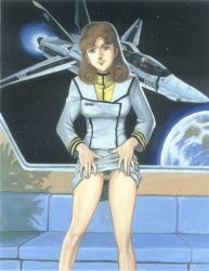Rule 34 | 1980s (style), 1girl, bare legs, breasts, brown hair, choujikuu yousai macross, clothes lift, female focus, female pubic hair, hayase misa, indoors, macross, macross: do you remember love?, no panties, oldschool, pubic hair, pussy, retro artstyle, skirt, skirt lift, solo, space, traditional media, uncensored, uniform