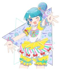 Rule 34 | 1girl, ;d, blue eyes, blue hair, blush, bow, cowboy shot, cropped legs, earrings, frilled shorts, frills, hachimu yan, hair bun, highres, jewelry, looking at viewer, multicolored hair, one eye closed, open hands, open mouth, outstretched arms, pinon (pripara), pretty series, pripara, purple hair, red bow, shorts, sidelocks, single side bun, smile, solo, standing, star (symbol), star earrings, streaked hair, striped, striped bow, white background, yellow shorts