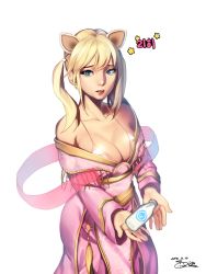 Rule 34 | 1girl, animal ears, bad id, bad pixiv id, bare shoulders, blonde hair, blue eyes, bottle, breasts, cleavage, female focus, highres, large breasts, long hair, looking at viewer, milk, open mouth, piyo (pixiv 2308057), solo, tears, twintails