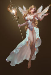 Rule 34 | 1girl, angel wings, armlet, bare legs, bare shoulders, barefoot, barefoot sandals (jewelry), blonde hair, blue eyes, breasts, crown, earrings, highres, jewelry, leotard, long hair, original, parted lips, pointy ears, shi tou, simple background, solo, staff, wings