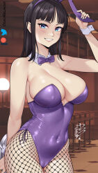 Rule 34 | 1girl, animal ears, bare arms, bare shoulders, black hair, blue eyes, bow, bowtie, breasts, cameltoe, cleavage, cleft of venus, commentary, commentary typo, covered navel, cowboy shot, damobelmont, english commentary, fake animal ears, fishnet pantyhose, fishnets, grin, highres, indoors, large breasts, long hair, looking at viewer, nico robin, one piece, pantyhose, purple bow, purple bowtie, rabbit ears, smile, solo, standing