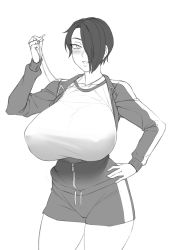 Rule 34 | 1girl, blue archive, blush, breasts, cosplay, greyscale, gym shorts, gym uniform, hair over one eye, hand on own hip, hasumi (blue archive), hasumi (track) (blue archive), highres, huge breasts, jacket, looking at viewer, monochrome, open mouth, original, saya (twrlare), short hair, shorts, sketch, smile, solo, standing, thighs, twrlare, whistle