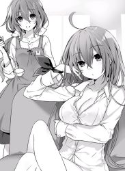 Rule 34 | 10s, 2girls, :d, aged up, ahoge, bottomless, breasts, cleavage, collarbone, crossed legs, date a live, dress, dress shirt, greyscale, hair between eyes, head tilt, holding, indoors, itsuka kotori, jewelry, long hair, looking at viewer, medium breasts, monochrome, multiple girls, necklace, novel illustration, official art, open mouth, ribbon, shirt, sitting, smile, standing, tsunako, white shirt, wrist ribbon, yoshino (date a live)