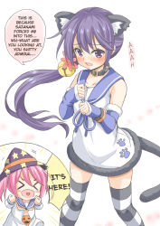 Rule 34 | &gt; &lt;, 10s, 2girls, akebono (kancolle), alternate costume, animal ears, bare shoulders, bell, cat ears, cat tail, closed eyes, collar, detached sleeves, dress, flower, fujishima shinnosuke, hair bell, hair bobbles, hair flower, hair ornament, halloween, hard-translated, hat, highres, jingle bell, kantai collection, multiple girls, pink hair, purple eyes, purple hair, sailor dress, sazanami (kancolle), side ponytail, striped legwear, tail, thighhighs, third-party edit, translated, twintails, white background, witch hat