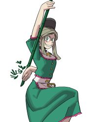 Rule 34 | 1girl, absurdres, arm up, bamboo, breasts, commentary, eddybird55555, english commentary, green eyes, green hair, grin, hat, highres, holding, holding stick, leg up, looking at viewer, parted bangs, simple background, small breasts, smile, solo, stick, tate eboshi, teireida mai, touhou, two-handed, white background