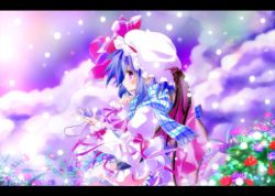 Rule 34 | 1girl, bad id, bad pixiv id, bat wings, blue hair, blush, dress, fang, female focus, flower, gradient background, hat, hat ribbon, letterboxed, open mouth, pink dress, pink eyes, plant, pocket watch, remilia scarlet, ribbon, scarf, shunsuke, smile, snowing, solo, touhou, watch, wings
