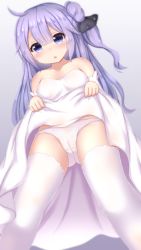 Rule 34 | 1girl, ahoge, azur lane, bare shoulders, black ribbon, blush, breasts, cameltoe, clothes lift, collarbone, commentary request, detached sleeves, dress, dress lift, dutch angle, from below, grey background, hair between eyes, hair bun, hair ribbon, lifted by self, long hair, medium breasts, mumu (mumunyan), one side up, panties, purple eyes, purple hair, ribbon, side bun, single hair bun, single side bun, solo, strapless, strapless dress, thighhighs, underwear, unicorn (azur lane), very long hair, white panties, white thighhighs