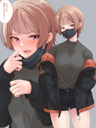Rule 34 | 1girl, absurdres, black jacket, black mask, black shorts, blush, breasts, commentary request, cowboy shot, ear piercing, fang, grey background, grey shirt, hand to own mouth, hands in pockets, hands up, highres, jacket, light brown hair, long sleeves, looking at viewer, mask, mask pull, medium breasts, mouth mask, multiple views, off shoulder, open clothes, open jacket, open mouth, original, piercing, pink eyes, pocket, shirt, shirt tucked in, short hair, shorts, simple background, skin fang, sleeves past wrists, speech bubble, standing, tokufumi, translated, upper body
