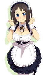 Rule 34 | 1girl, alternate costume, apron, black footwear, black ribbon, black skirt, blue eyes, blush, breasts, brown hair, cleavage, closed mouth, dars (recolors), detached collar, enmaided, highres, looking at viewer, maid, maid headdress, medium breasts, medium hair, miniskirt, neck ribbon, ribbon, ronye arabel, shadow, shirt, simple background, skirt, smile, solo, sword art online, waist apron, white apron, white background, white legwear, white shirt, wing collar, wrist cuffs