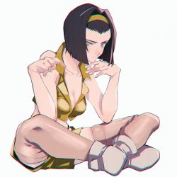 Rule 34 | 1girl, bad id, bad twitter id, bare shoulders, black hair, boots, breasts, bright pupils, chromatic aberration, cleavage, closed mouth, collarbone, cowboy bebop, cowboy shot, faye valentine, fingernails, full body, green eyes, hair intakes, hairband, hands up, indian style, looking at viewer, medium breasts, multicolored eyes, pink thighhighs, purple eyes, shiomi (lowrise), short hair, shorts, simple background, sitting, solo, thighhighs, white background, white footwear, white pupils, yellow hairband, yellow shorts, zettai ryouiki