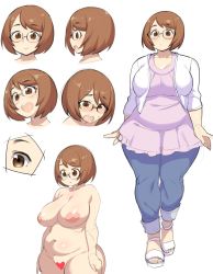 Rule 34 | 1girl, agawa ryou, blush, breasts, brown eyes, brown hair, censored, character sheet, closed mouth, curvy, embarrassed, eyebrows, f-chan (agawa ryou), feet, full body, glasses, happy, heart, heart censor, highres, hip focus, huge breasts, jacket, legs, looking at viewer, matching hair/eyes, navel, nipples, nude, open mouth, pants, plump, pussy, sandals, short hair, simple background, smile, solo, thick thighs, thighs, toes