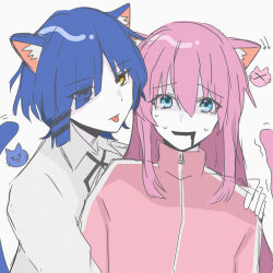 Rule 34 | 2girls, black ribbon, blue eyes, blue hair, bocchi the rock!, cat girl, cat tail, collared shirt, commentary request, eyes visible through hair, fang, gotoh hitori, hair between eyes, hair ornament, hair over one eye, hairclip, highres, jacket, kemonomimi mode, long hair, multiple girls, neck ribbon, nervous sweating, open mouth, partial commentary, pink hair, pink jacket, popouyu212, ribbon, shirt, short hair, sidelocks, simple background, skin fang, sweat, tail, tongue, tongue out, trembling, upper body, white background, white shirt, yamada ryo, yellow eyes, zipper pull tab