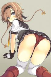 Rule 34 | 10s, 1girl, :o, all fours, ass, bad id, bad twitter id, blonde hair, blue eyes, blush, breasts, from behind, gloves, hair ornament, hairband, kantai collection, large breasts, long hair, looking at viewer, looking back, necktie, panties, pantyshot, pleated skirt, propeller hair ornament, red panties, school uniform, serafuku, shimeji (4 me ji), short sleeves, skirt, solo, teruzuki (kancolle), thighhighs, twintails, underwear, white thighhighs, yellow necktie