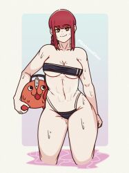 Rule 34 | 1girl, abs, braid, braided ponytail, breasts, chainsaw man, cleavage, creature, cropped legs, gris swimsuit, highres, holding, holding creature, large breasts, makima (chainsaw man), meme attire, mole, mole on breast, mole on neck, mole on thigh, partially submerged, pochita (chainsaw man), red hair, ringed eyes, santanaelchan, sidelocks, smile, twitter username, underboob, wading, wet, yellow eyes