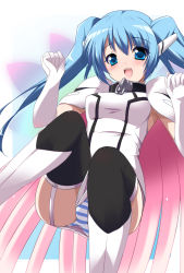 Rule 34 | 1girl, :d, black thighhighs, blue eyes, blue hair, blush, boots, breasts, cape, dress, elbow gloves, floating hair, garter straps, gloves, hair between eyes, knee boots, long hair, looking at viewer, nymph (sora no otoshimono), open mouth, panties, short dress, sleeveless, sleeveless dress, small breasts, smile, solo, sora no otoshimono, striped clothes, striped panties, thighhighs, tsukishiro kou, twintails, underwear, very long hair, white background, white cape, white dress, white footwear, white gloves