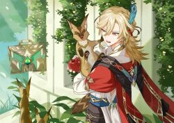 Rule 34 | 1boy, animal, apple, blonde hair, blue sash, cape, commentary, day, earrings, eyelashes, feather hair ornament, feathers, food, fox, fruit, genshin impact, grass, hair between eyes, hair ornament, highres, holding, holding animal, holding food, holding fruit, jewelry, kaveh (genshin impact), laughing, light rays, long hair, long sleeves, male focus, mehrak (genshin impact), open mouth, outdoors, p9 nai, parted bangs, pawpads, plant, red cape, red eyes, sash, shadow, shirt, sidelocks, smile, solo, suitcase, sunlight, teeth, tree, upper teeth only, v-shaped eyebrows, vines, vision (genshin impact), white shirt