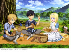 Rule 34 | 1girl, 2boys, absurdres, alice (alice in wonderland), alice (alice in wonderland) (cosplay), alice zuberg, artist request, black hair, blonde hair, blue eyes, boots, unworn boots, braid, braided ponytail, bug, butterfly, cosplay, day, eugeo, highres, insect, kirito, long hair, multiple boys, picnic, picnic basket, shoes, unworn shoes, short hair, sword art online, sword art online: alicization