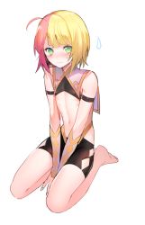 Rule 34 | 1boy, ahoge, androgynous, bad id, bad twitter id, barefoot, blonde hair, blush, erubo, full body, green eyes, kneeling, looking at viewer, male focus, midriff, multicolored hair, navel, original, pink hair, short hair, short shorts, shorts, simple background, solo, split-color hair, sweatdrop, theodor bachstein, trap, white background