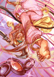 Rule 34 | 1girl, anklet, artist request, barefoot, blonde hair, breasts, capoeira, cleavage, commentary request, curly hair, harem pants, holding, holding weapon, holding whip, jewelry, long hair, medium breasts, motion lines, pants, pink pants, pointy ears, pointy footwear, primm (seiken densetsu 2), seiken densetsu, seiken densetsu 2, shoes, single shoe, soles, solo, tiara, toes, upside-down, very long hair, weapon, whip
