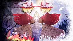 Rule 34 | 2girls, bad id, bad pixiv id, blonde hair, blue eyes, capelet, cloud, dark clouds, dress, dual persona, closed eyes, fire, hair ornament, hairclip, hat, highres, kagamine rin, multiple girls, own hands together, profile, shiramori yuse, symmetry, vocaloid, water drop