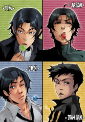 Rule 34 | 4boys, batman (series), black hair, blue eyes, blue theme, bow, bowtie, brothers, candy, character name, damian wayne, dc comics, dick grayson, eating, family, food, green theme, grey eyes, image sample, jason todd, lollipop, male focus, mouth hold, multiple boys, necktie, nightwing, pixiv sample, red hood (dc), red robin, red theme, resized, robin (dc), sharp teeth, siblings, skin tight, teeth, tim drake, xmenoux, yellow theme
