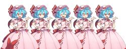 Rule 34 | 1girl, absurdres, angry, ascot, bat wings, blue hair, brooch, closed eyes, dress, expression chart, hat, hat ribbon, highres, jewelry, maid headdress, mob cap, morino hon, pink dress, pink headwear, puffy short sleeves, puffy sleeves, red ascot, red eyes, remilia scarlet, ribbon, scared, short hair, short sleeves, siblings, sisters, smile, touhou, v-shaped eyebrows, wings, worried, wrist cuffs