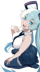Rule 34 | 1girl, absurdres, aqua eyes, aqua hair, ass, bare shoulders, black skirt, blush, breasts, collared shirt, commentary, hair between eyes, hair ornament, hand on own thigh, hatsune miku, highres, large breasts, long hair, looking at viewer, looking up, necktie, open mouth, pleated skirt, seiza, shirt, sho-n-d, simple background, sitting, skirt, sleeveless, sleeveless shirt, smile, solo, teeth, thighhighs, tongue, twintails, very long hair, vocaloid, white background, white shirt