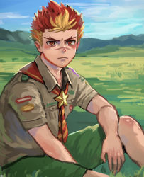 Rule 34 | 1boy, akatora taiga, bakemonookome, blonde hair, blush, boy scout, brooch, camp buddy, closed mouth, field, jewelry, looking at viewer, male focus, multicolored hair, neckerchief, on floor, orange eyes, red hair, scar, scar on face, scar on nose, scout uniform, short hair, sitting, star brooch, two-tone hair