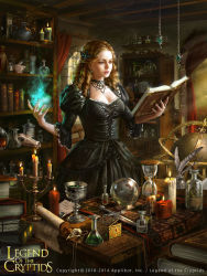 Rule 34 | 10s, 1girl, 2014, black dress, book, book stack, bookshelf, bottle, box, candle, candlestand, chalice, choker, copyright name, cup, dagger, dress, earrings, globe, hair ornament, hourglass, image sample, indoors, inkwell, jewelry, knife, laura sava, legend of the cryptids, magic, open book, pestle, quill, realistic, scroll, skull, solo, standing, table, watermark, weapon, window