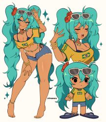 1girl absurdres adjusting_eyewear arm_up artist_name barefoot black_footwear blue_hair bracelet brazilian_flag brazilian_flag_print brazilian_miku breasts chibi cleavage closed_eyes cremanata crop_top earrings flip-flops hatsune_miku highres jewelry long_hair medium_breasts navel necklace open_mouth sandals simple_background solo sunglasses teeth tongue tongue_out twintails upper_teeth_only vocaloid white-framed_eyewear white_background