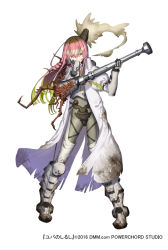 Rule 34 | 1girl, armored boots, bodysuit, boots, brown hair, carapace, dirty, dirty clothes, dmm, full body, gas mask, green hair, half-closed eyes, long coat, long hair, mask, multicolored hair, official art, pigeon-toed, pink hair, solo, white background, yuba no shirushi, zenmaibook